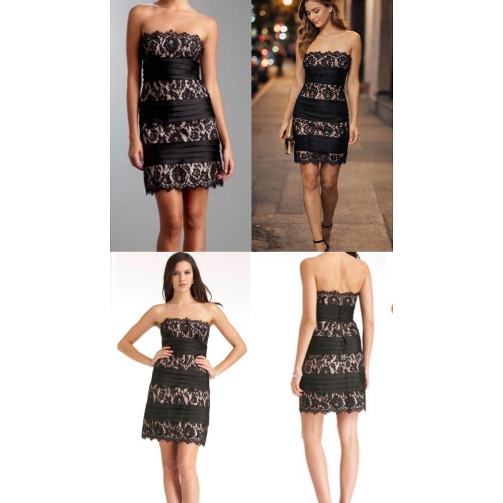 BCBGMAXAZRIA Black Lace Satin Tiered Strapless Cocktail Dress Nude Lining Size 6